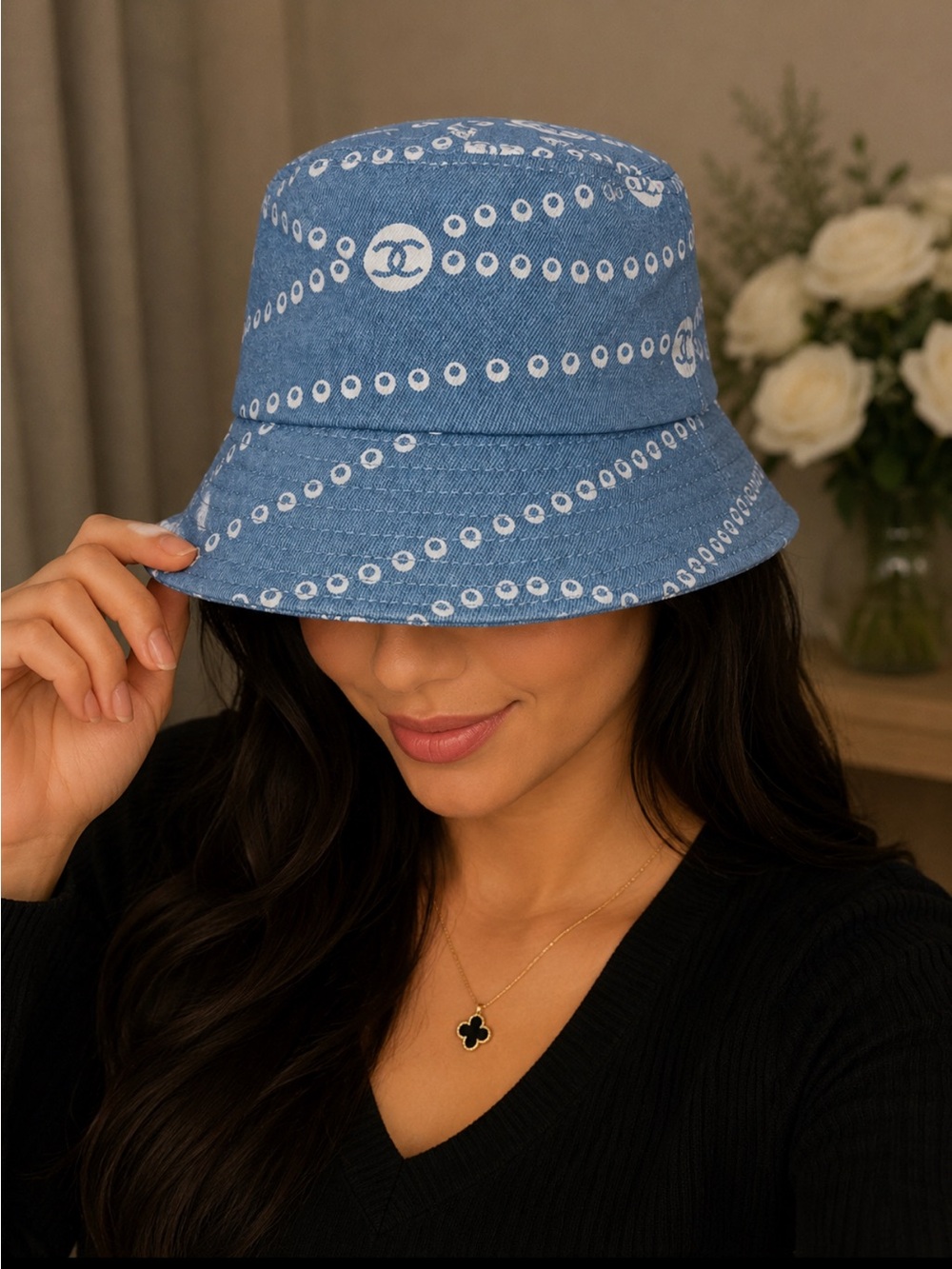 Light Blue Denim Bucket Hat with White Dot Motif